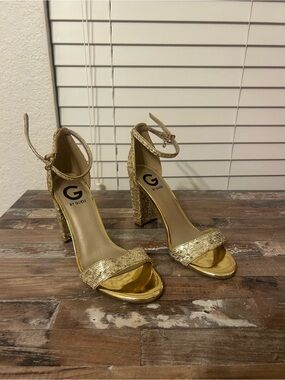 G by Guess Glitter Gold Ankle-Strap Block Heels